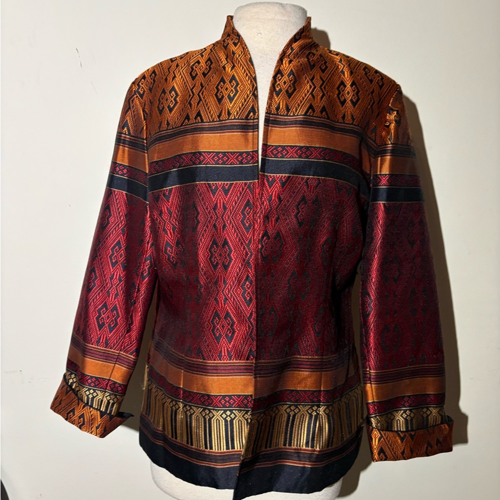 Coldwater Creek Red and Gold Patterned Woven Jacket